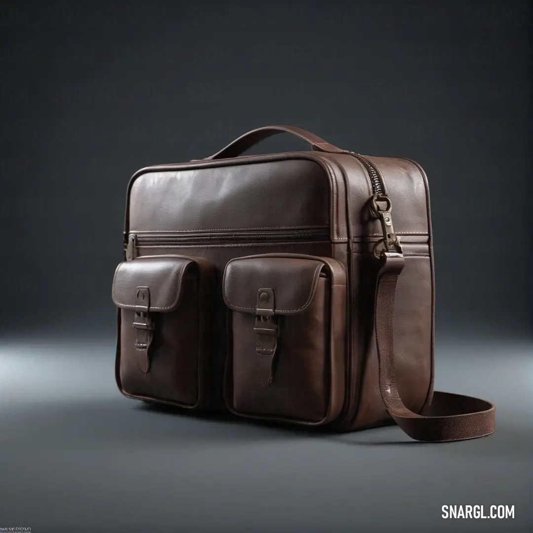 A chic brown leather bag featuring two side compartments, elegantly set against a muted gray background. The bag's rich color and sleek design speak to its durability and style, making it a must-have accessory.