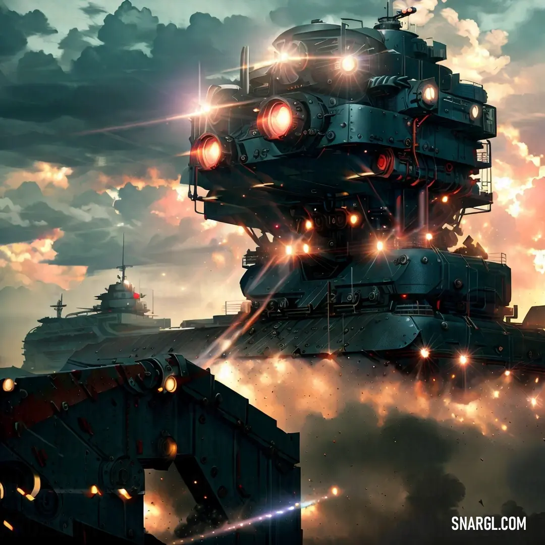 A large battleship floats majestically above the clouds, positioned near a bridge and a building with lights twinkling in the distance. The ship's powerful presence is enhanced by the dark skies and the glowing city lights below.