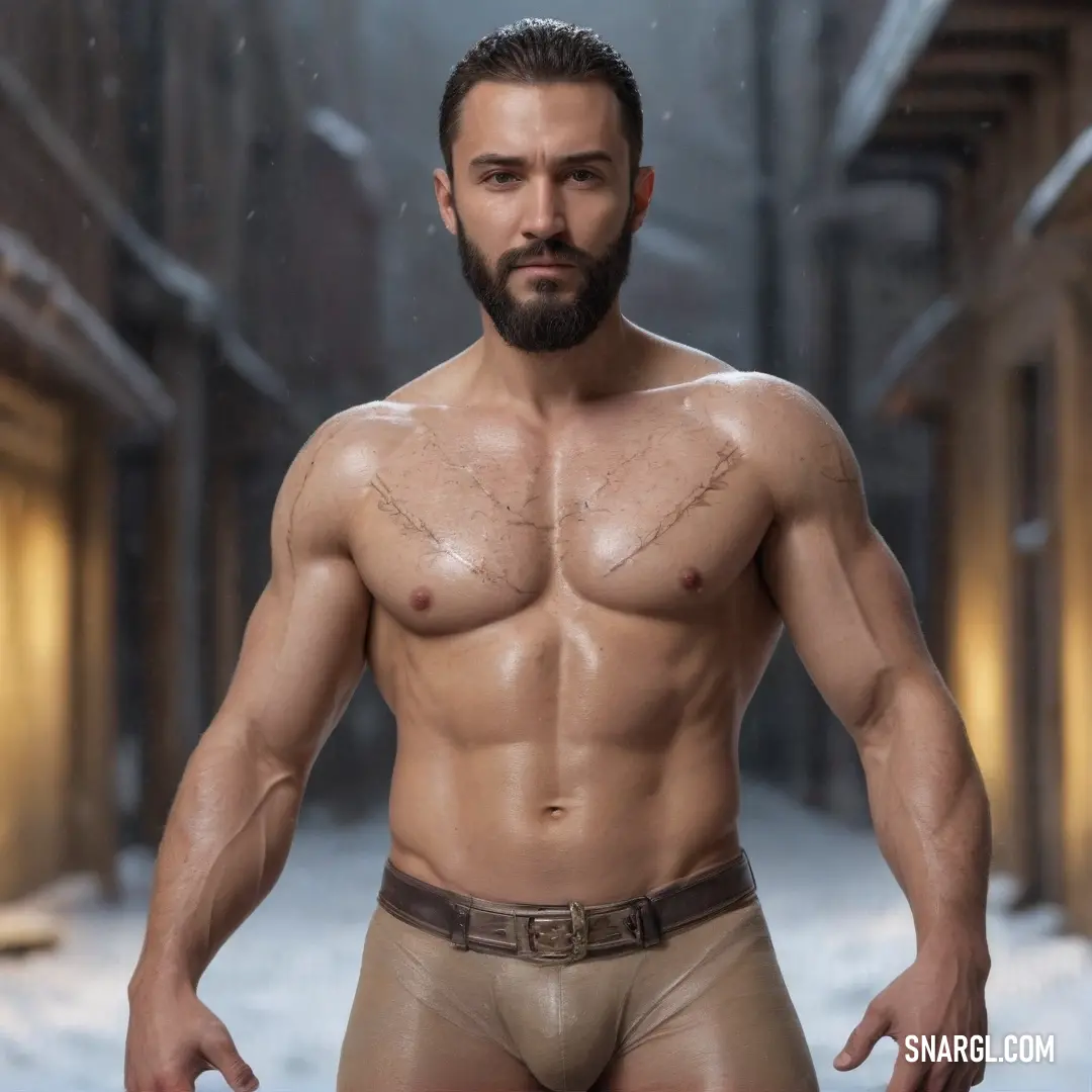 A rugged man with a full beard stands defiantly in the snow, wearing only a pair of briefs. His hands on his hips reflect bravery and resilience against the harsh elements, embodying a steadfast spirit amidst a wintry landscape filled with untouched snow.