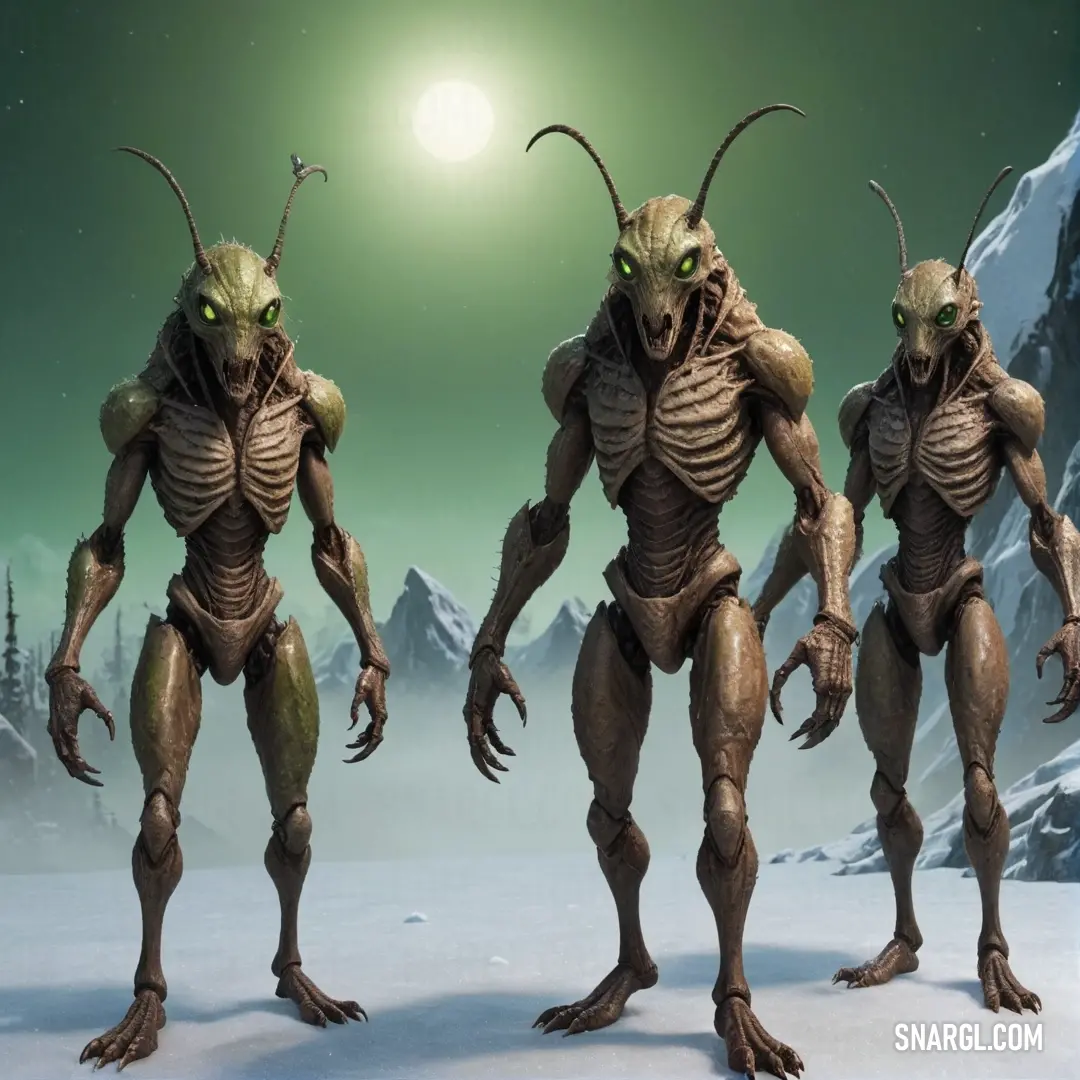 A trio of alien-like beings stands boldly in a snow-filled expanse, their unusual forms contrasted against the icy mountains that frame a breathtaking winter landscape.