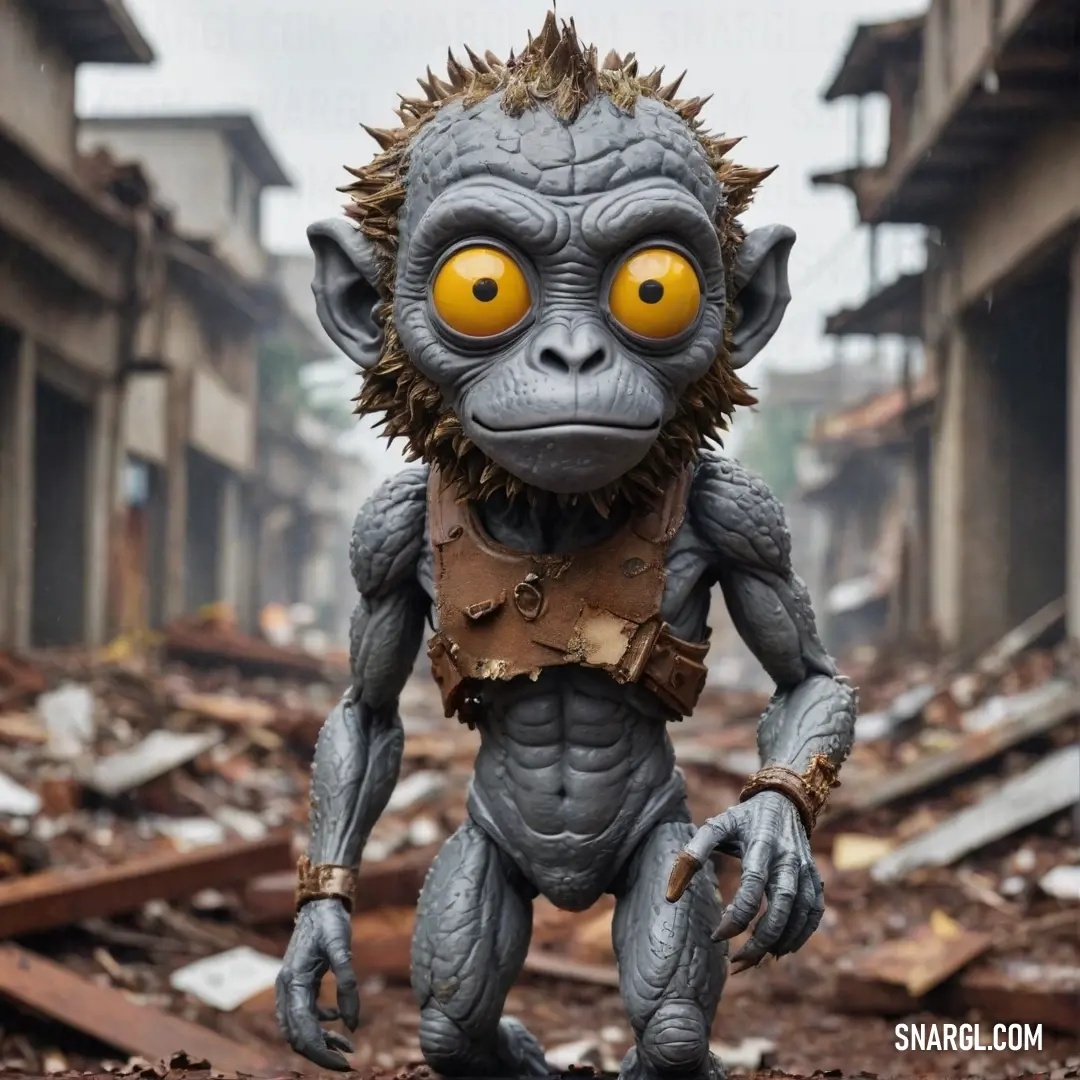 In a rugged urban landscape, a charming toy monkey, dressed with a leather vest and bright yellow eyes, surveys the city in distress, lending an offbeat yet endearing presence amidst the chaos of debris-strewn surroundings.