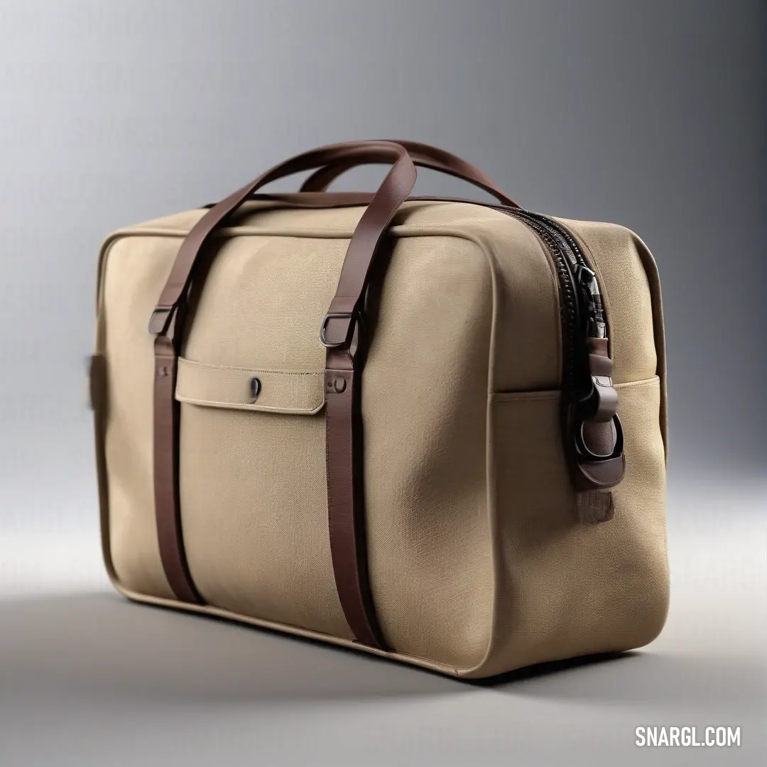 A tan bag adorned with a sturdy brown strap and handle, resting elegantly against a soft gray backdrop. The contrasting colors and textures emphasize the bag's design, making it an eye-catching accessory for any occasion.