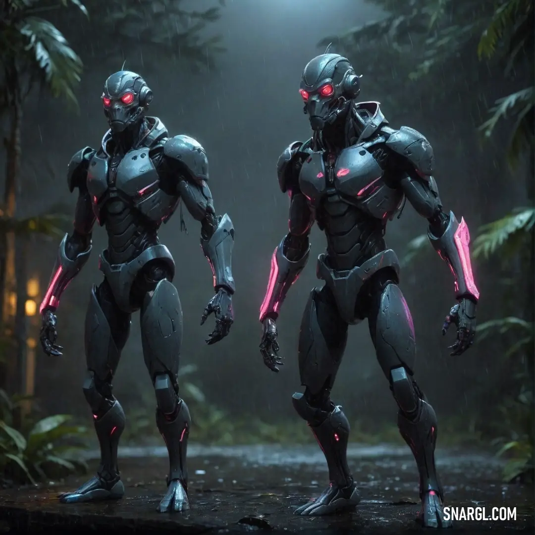 Two futuristic robots stand under the gentle curtain of rain in a serene forest, their illuminated red lights glowing softly, creating an enchanting atmosphere where technology intertwines with nature's beauty.