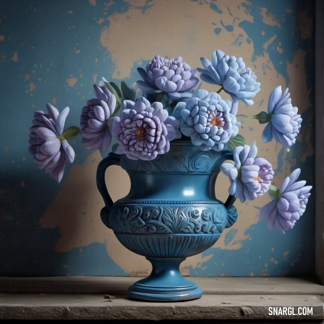 Blue vase with purple flowers in it on a ledge in front of a blue wall with peeling paint. Color CMYK 90,5,0,68.