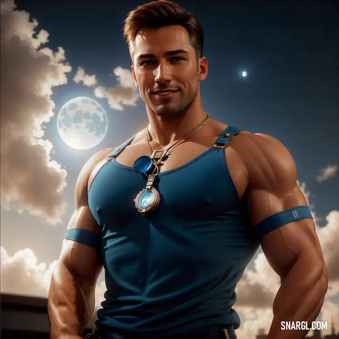Man in a blue shirt with a necklace on his neck and a moon in the background. Color NCS S 5040-B.