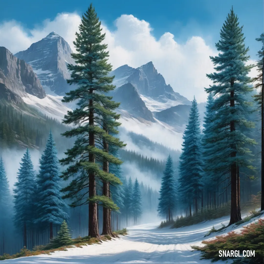 Painting of a snowy mountain scene with pine trees and a road in the foreground. Color #00475F.