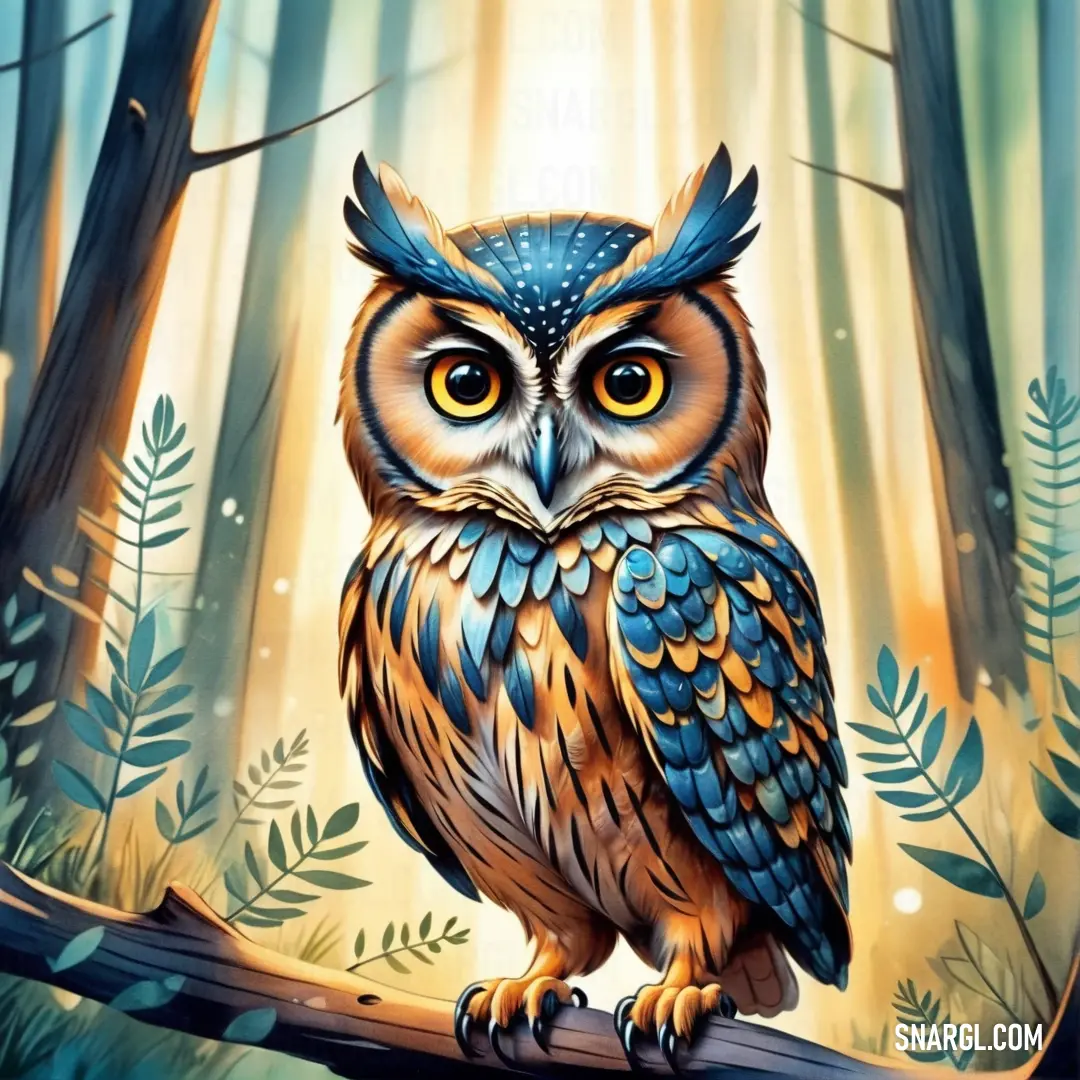Painting of an owl on a branch in a forest with trees and leaves around it. Color #00475F.