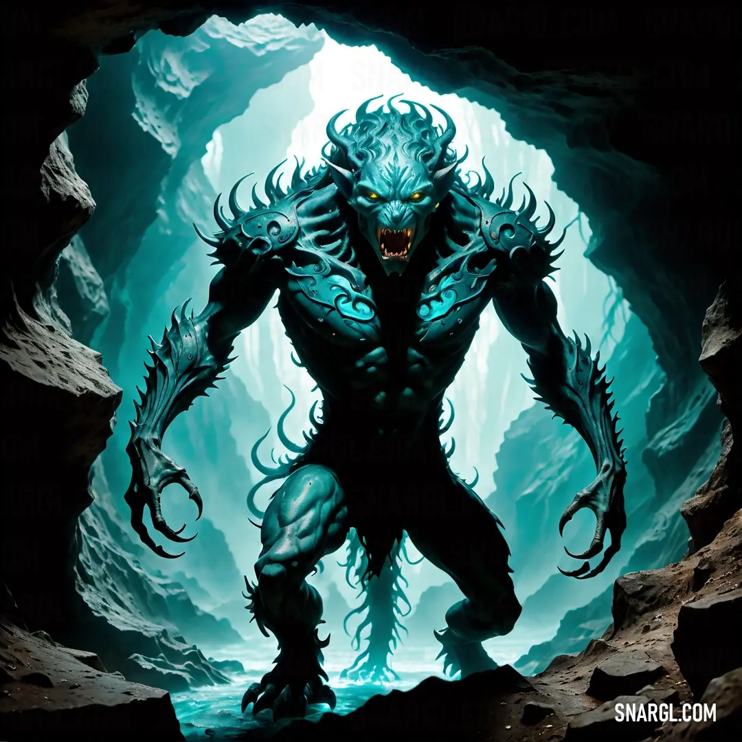 NCS S 5040-B10G color example: Monster with a huge head and claws in a cave with a light shining through it's mouth