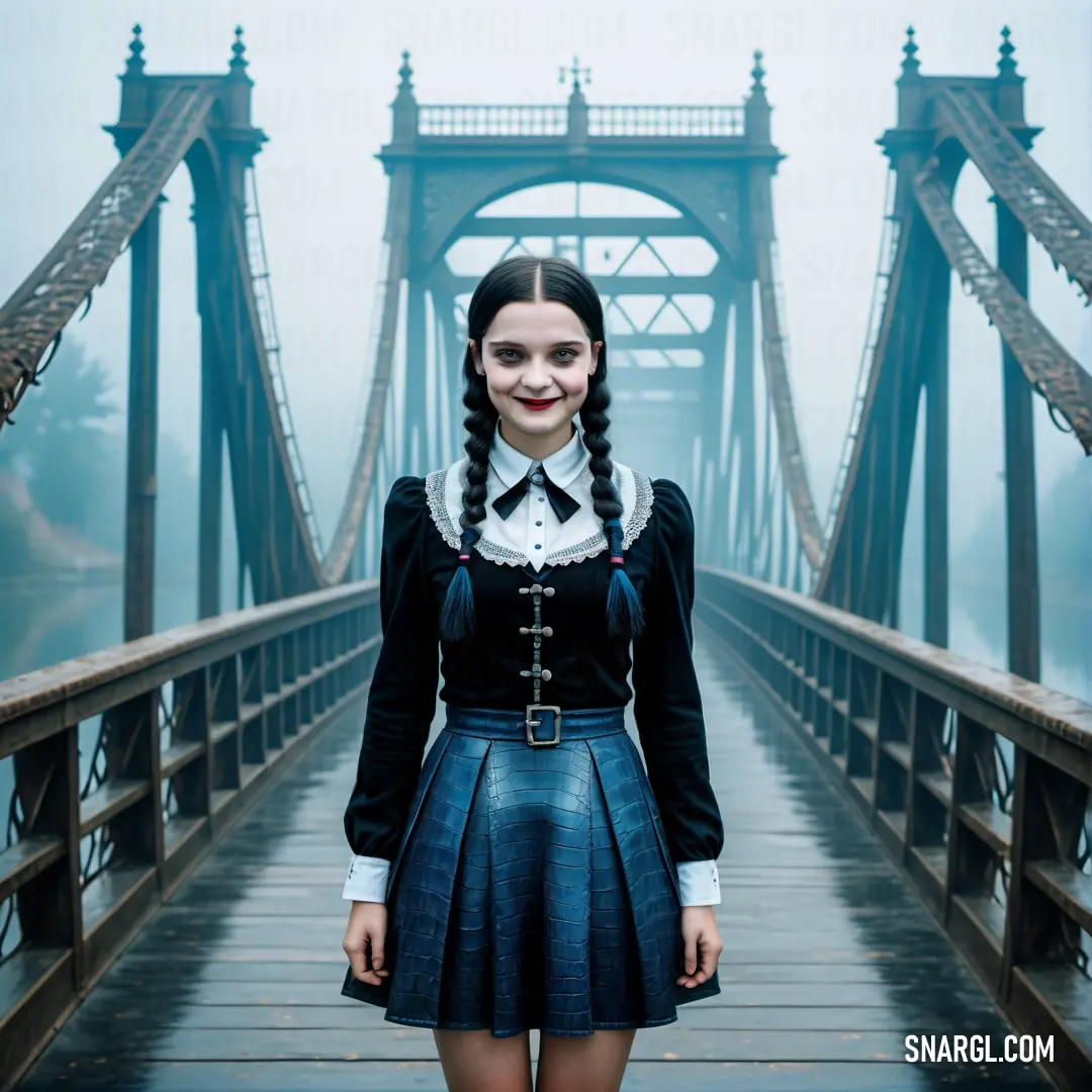 Woman in a skirt and a shirt standing on a bridge with a creepy smile on her face. Example of CMYK 92,0,15,70 color.
