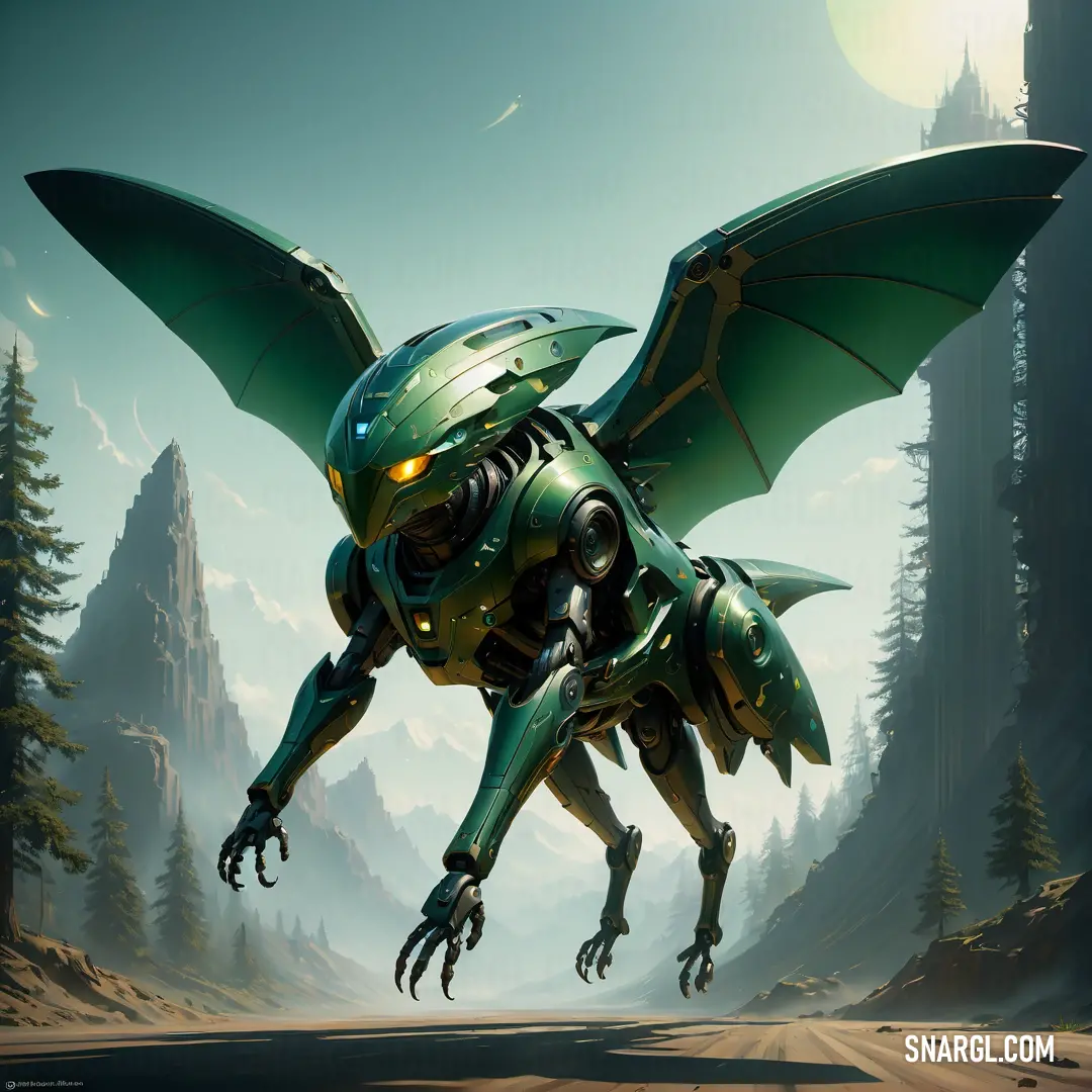 NCS S 5040-B50G color. Green dragon with large wings flying over a forest filled with trees and rocks