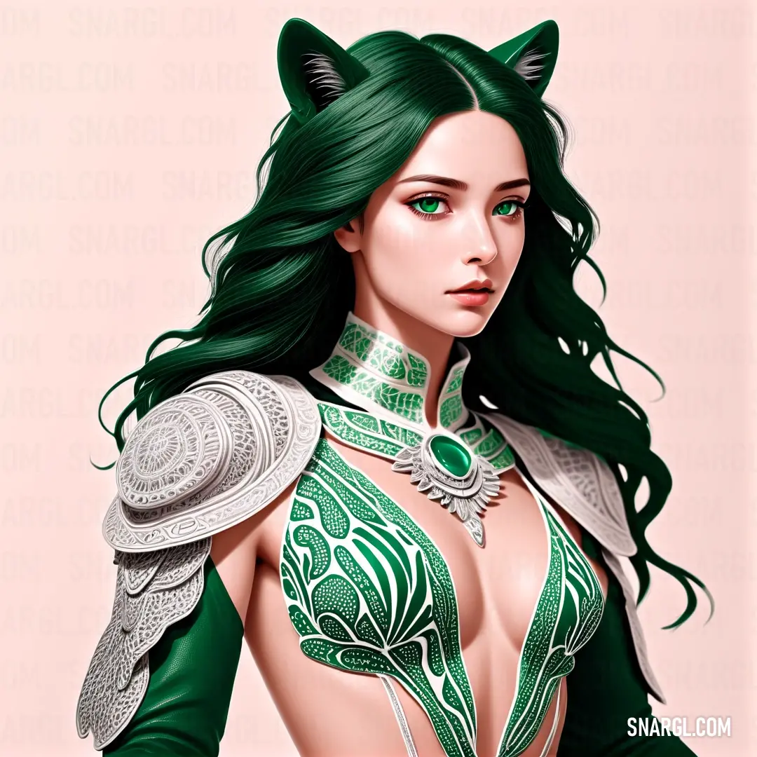 Digital painting of a woman with green hair and a cat ears costume on, with a pink background. Color #005849.