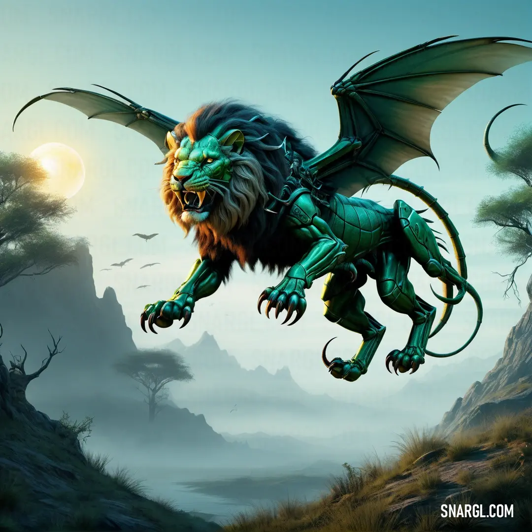 Green dragon with a large tail and large wings flying over a mountain range with a full moon in the background