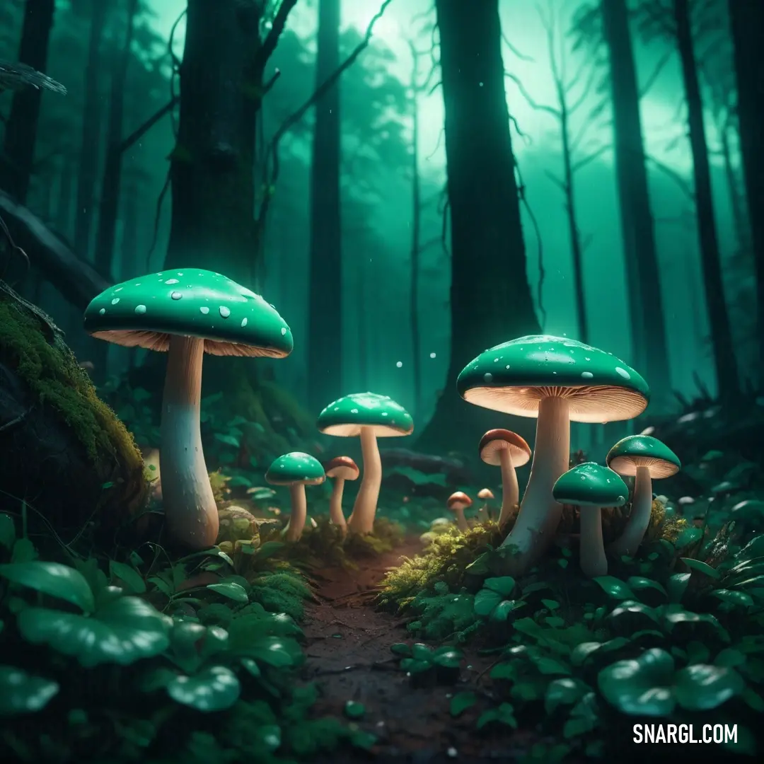 Group of mushrooms that are in the woods together on a trail in the woods with green foliage. Color #005849.