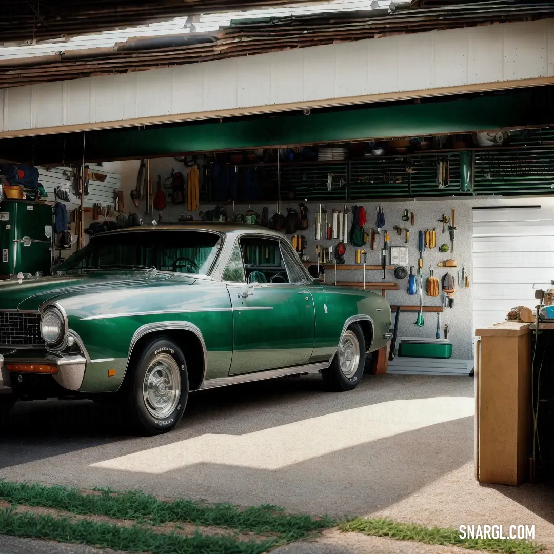 Green car parked in a garage next to a building with a garage door open and a man working on a machine. Example of CMYK 100,0,68,60 color.