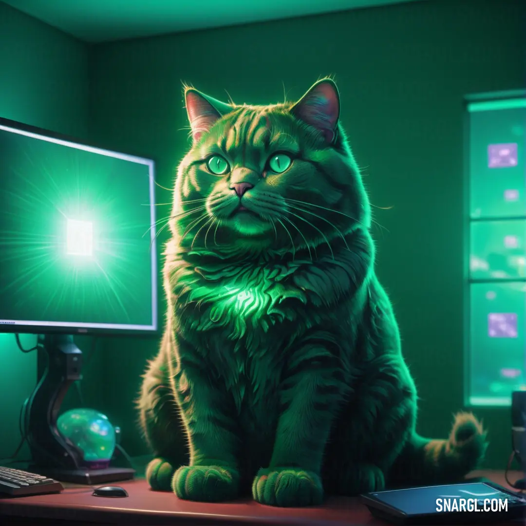 Cat on a desk next to a computer monitor and keyboard with a green light shining on it. Color #00523E.