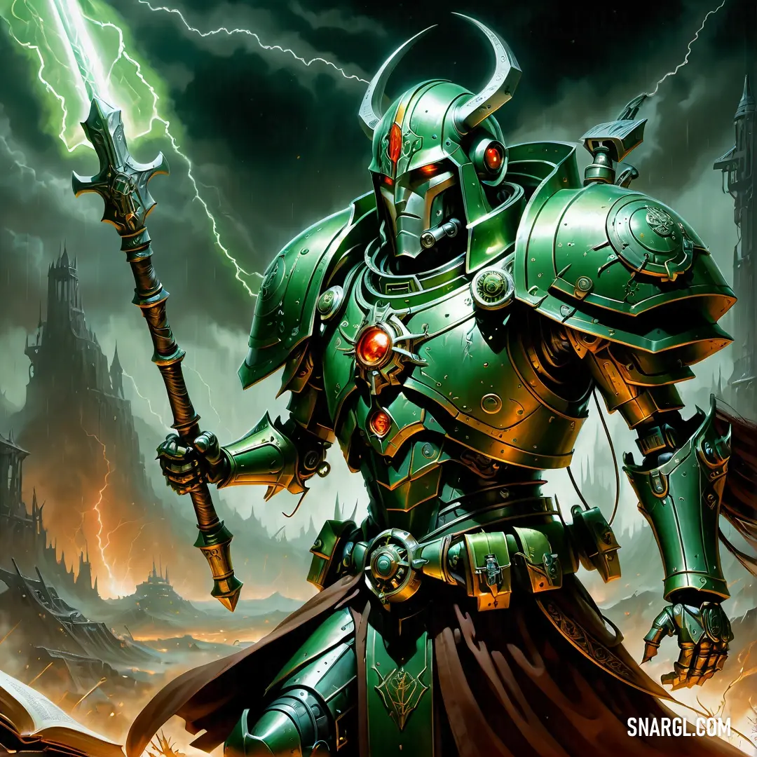 NCS S 5040-B80G color example: Painting of a knight with a sword in his hand and a lightning in the background