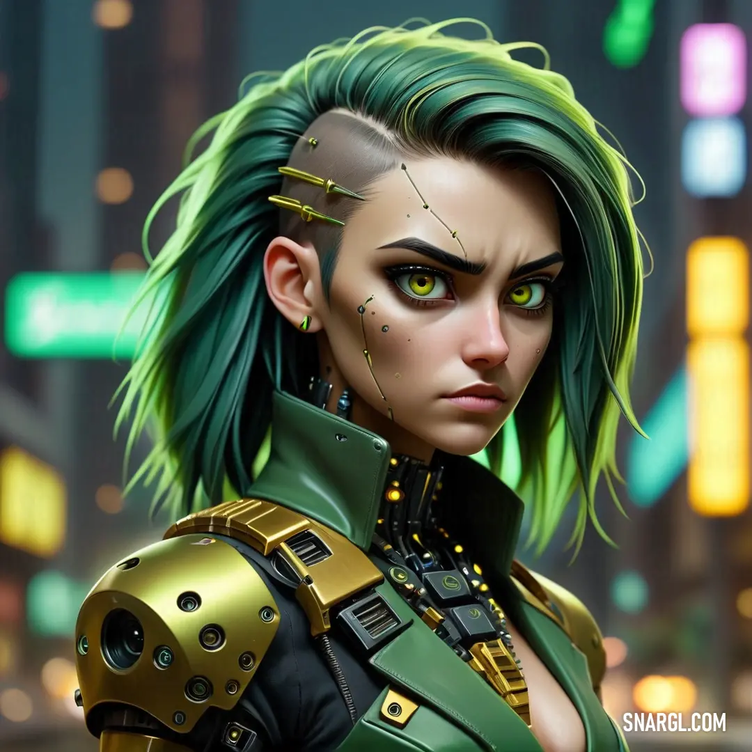 Woman with green hair and piercings in a city at night with neon lights behind her and a futuristic cityscape in the background