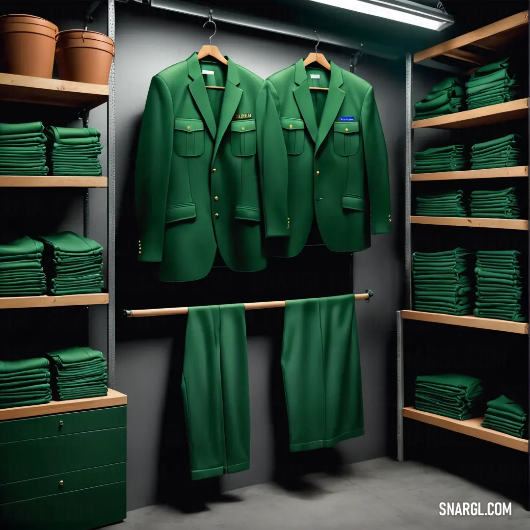 Closet with green suits and green pants on a shelf and a green hat on a rack. Color CMYK 80,0,92,60.