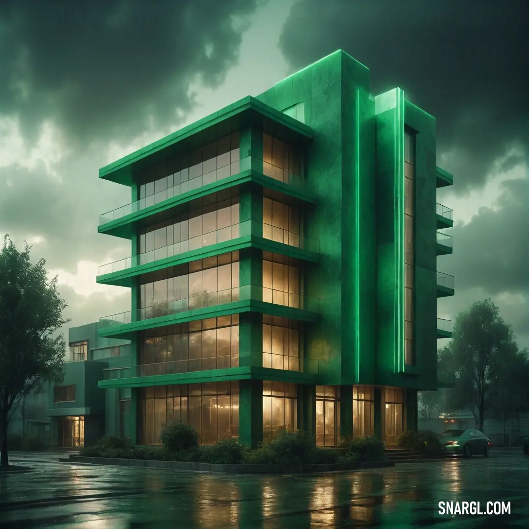 Green building with a lot of windows on it's side in the rain at night time with a cloudy sky. Example of RGB 0,89,22 color.
