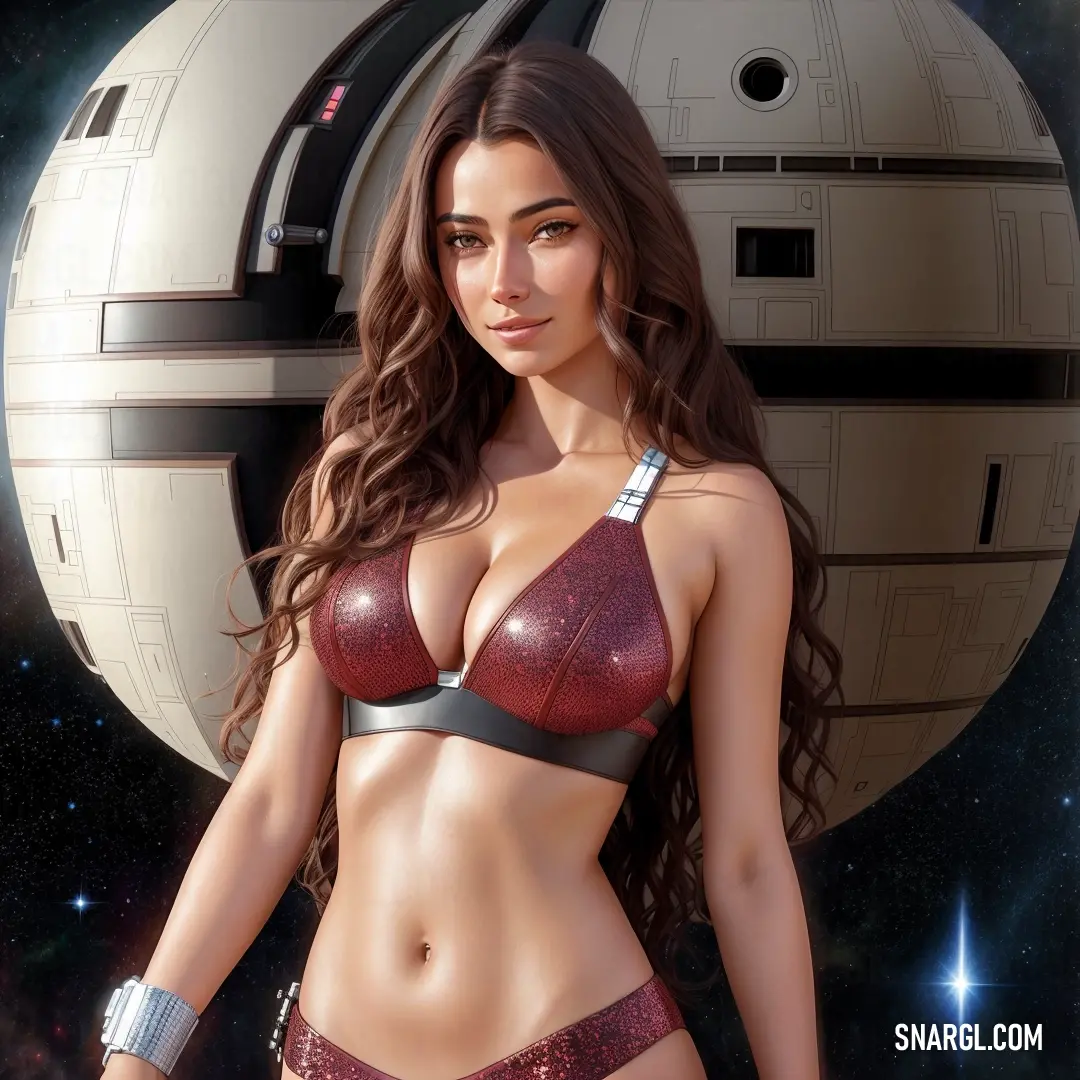 Woman in a bikini and a star wars helmet is standing in front of a star wars poster with a bbg ball. Color #52071C.