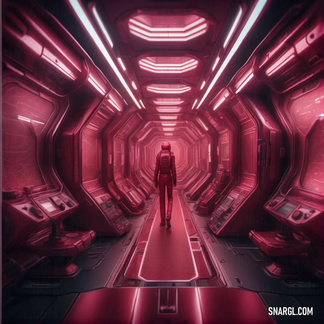 Man in a red space suit walking down a red corridor with red lights on the ceiling. Example of RGB 95,0,47 color.