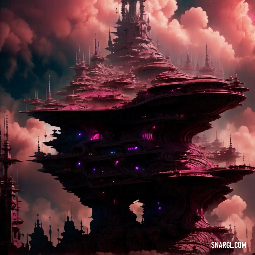 Futuristic city with a massive tower in the middle of it surrounded by clouds and a sky full of pink hues. Example of RGB 95,0,47 color.