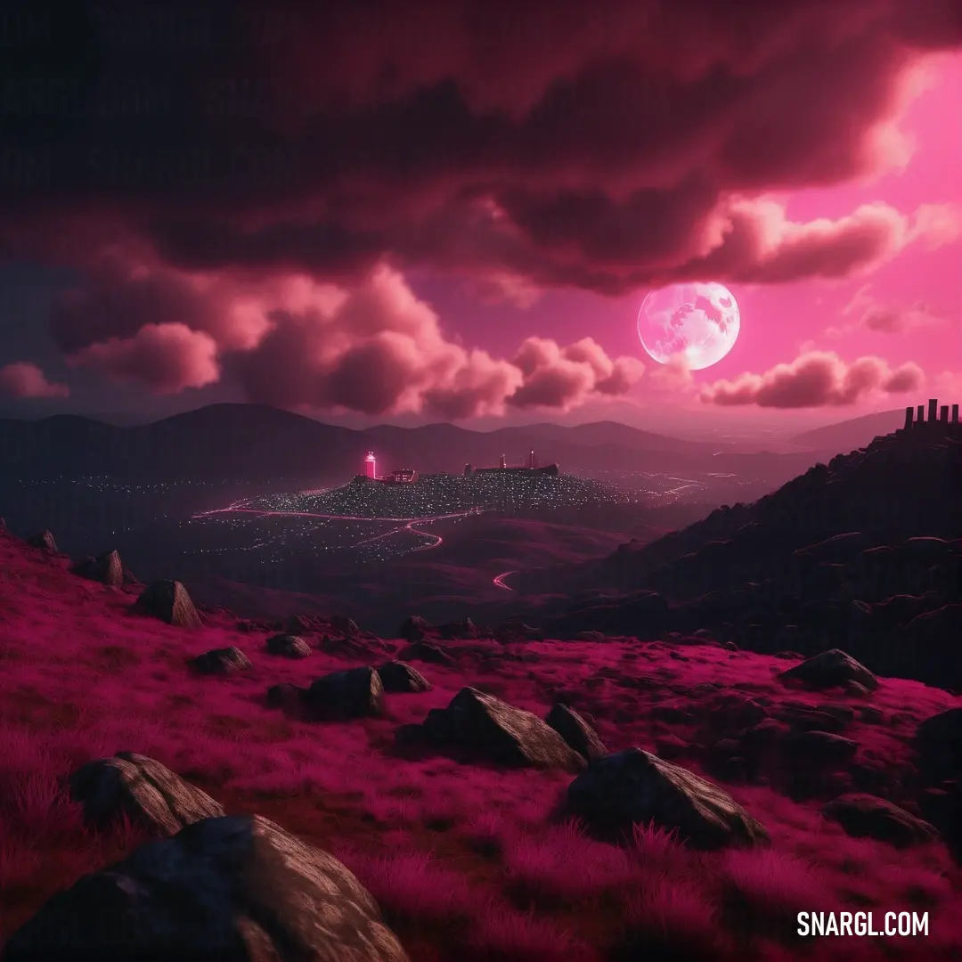 NCS S 5040-R20B color example: Pink sky with a city in the distance and a pink moon in the distance above a hill with rocks