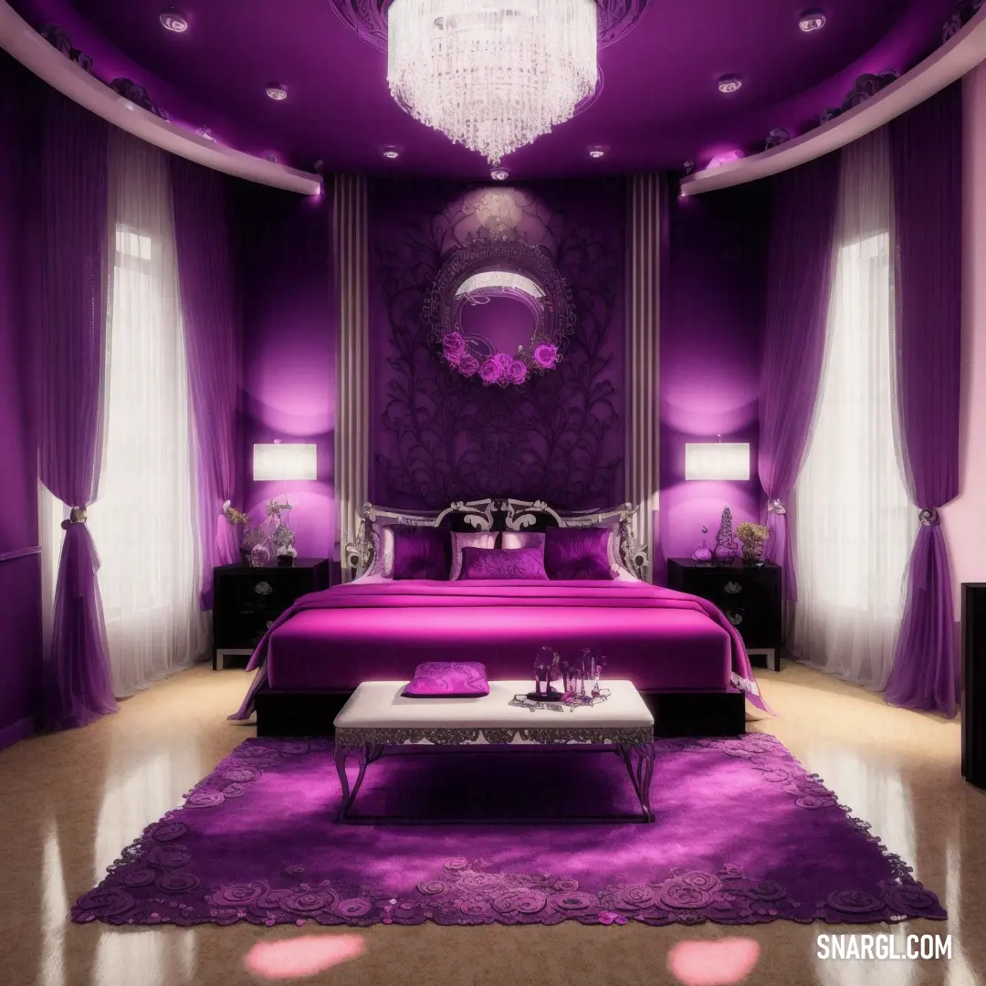Bedroom with a purple bed and a chandelier hanging from the ceiling and a purple rug on the floor. Example of #510035 color.