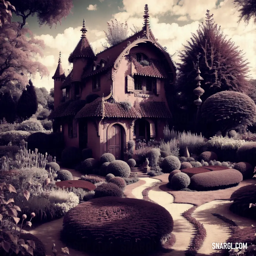 House with a garden and a path leading to it in the middle of a park with trees and bushes. Color RGB 81,0,53.