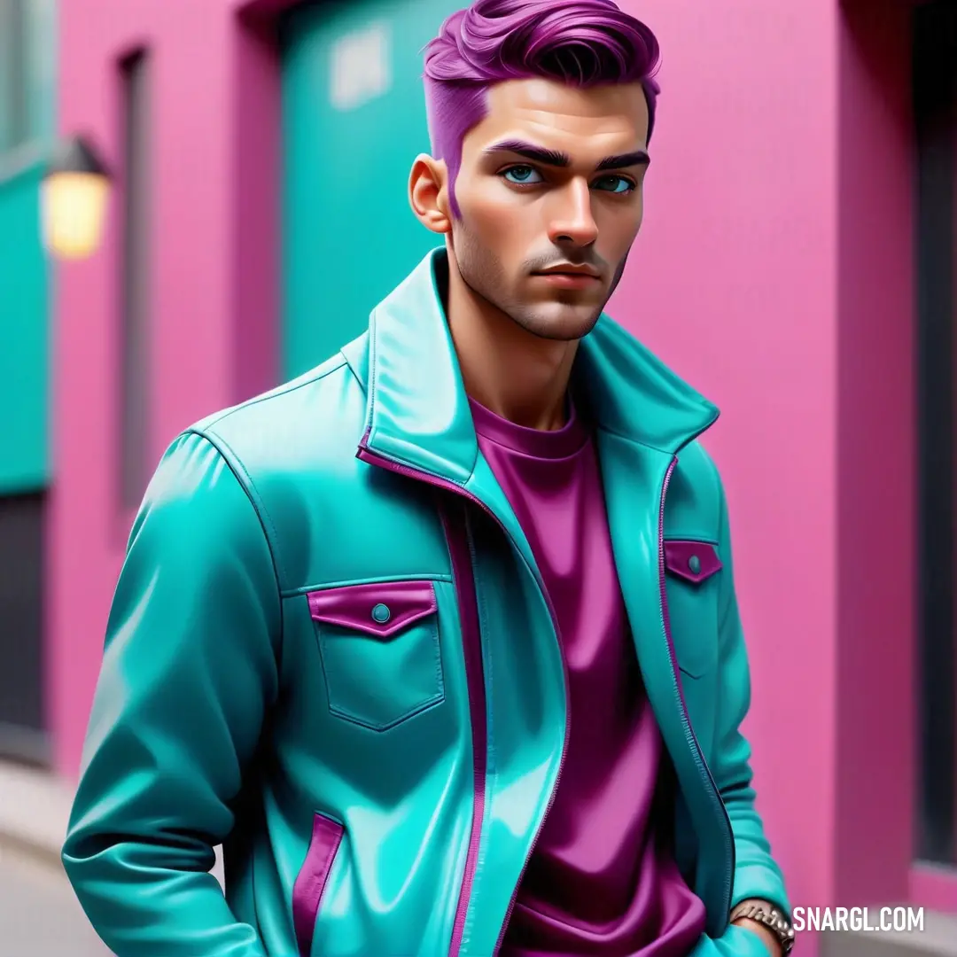 Man with a purple hair and a blue jacket on is standing in front of a pink building and wearing a watch. Example of NCS S 5040-R30B color.