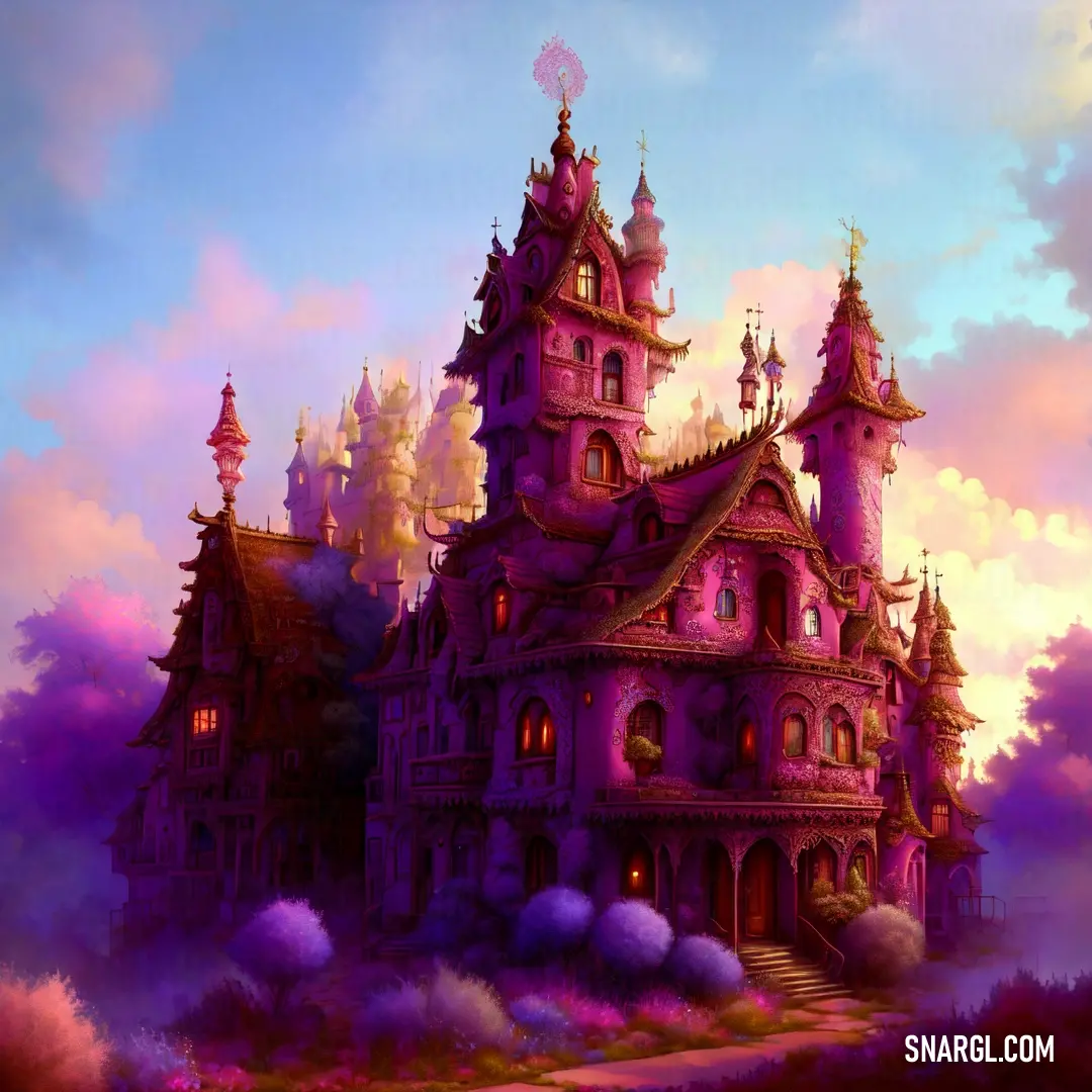 Painting of a castle with a lot of windows and towers on it's sides and a sky background. Color #510035.