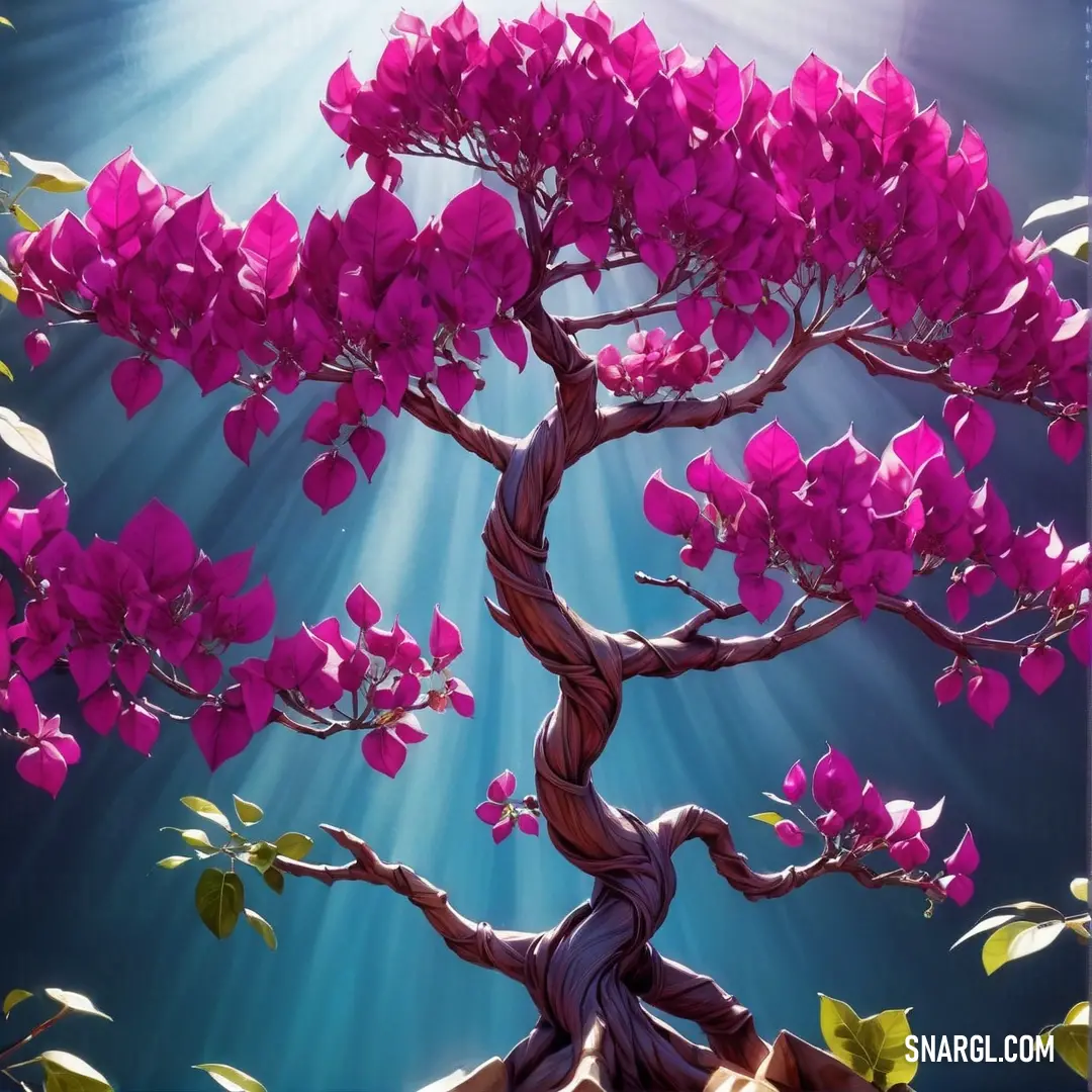 Painting of a tree with pink flowers on it's branches and a sunbeam in the background. Example of CMYK 25,100,0,70 color.