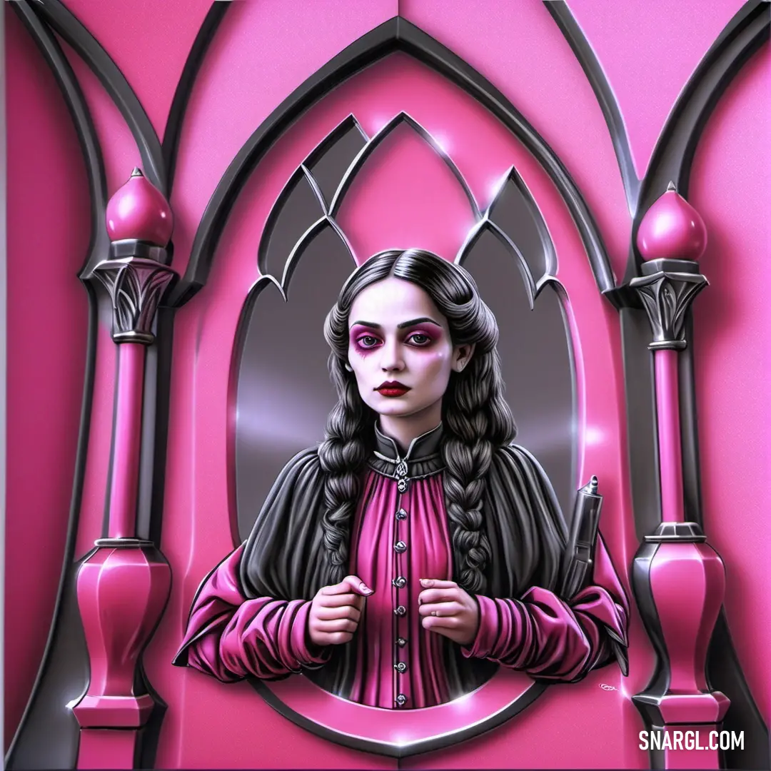 Painting of a woman with long hair and pink makeup standing in front of a gothic window with a gothic - inspired arch