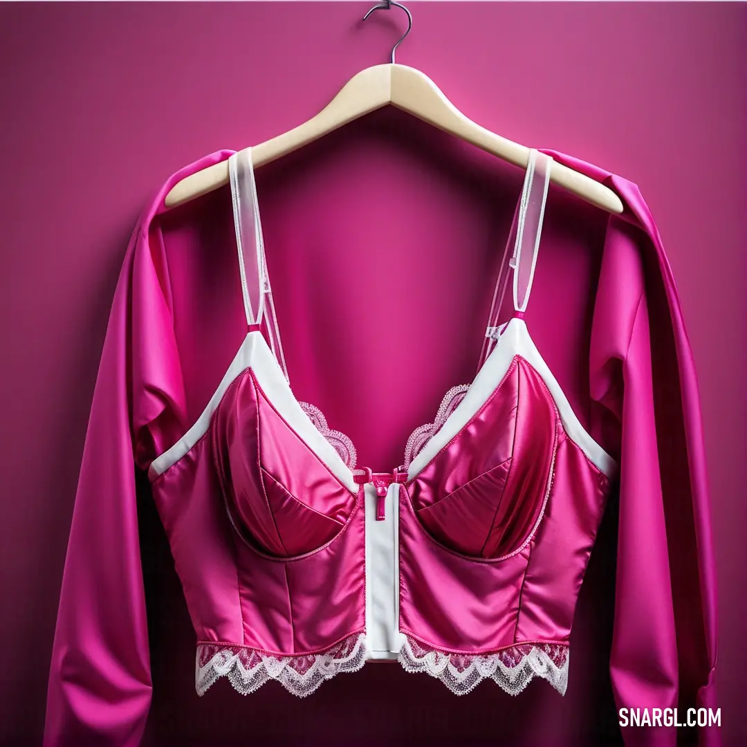 Pink bra with white lace trims on a hanger on a pink wall with a pink background. Color RGB 81,0,53.