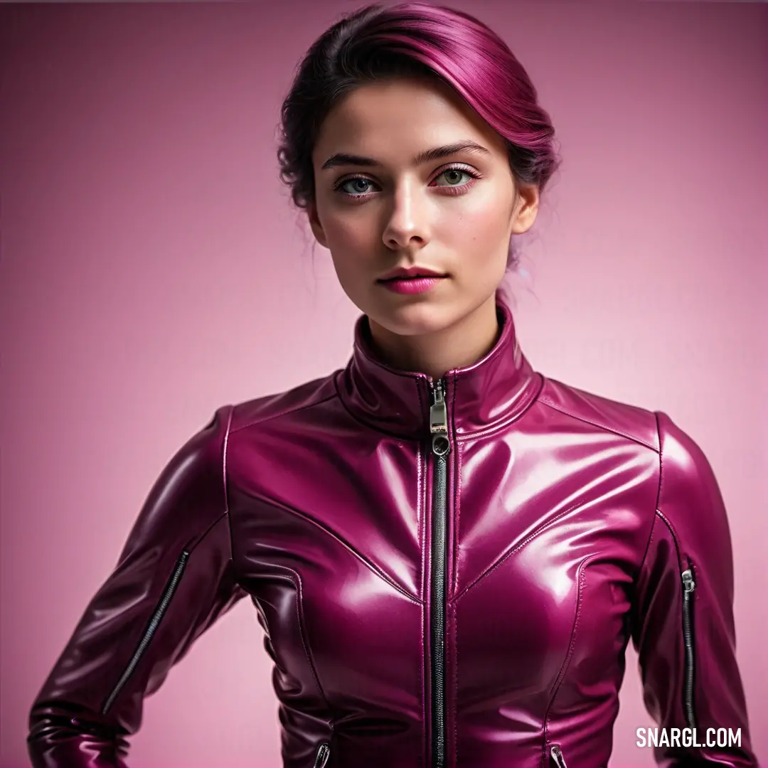 Woman in a shiny purple leather outfit posing for a picture with her hands on her hips and her hands on her hips