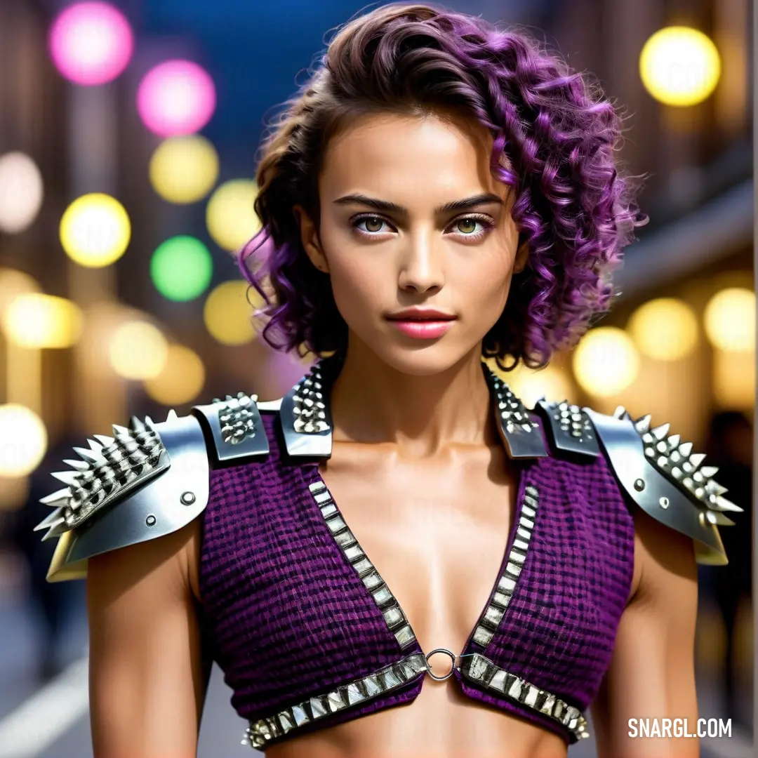 NCS S 5040-R30B color example: Woman with purple hair and a purple top with spikes on it's shoulders and a metal belt around her waist