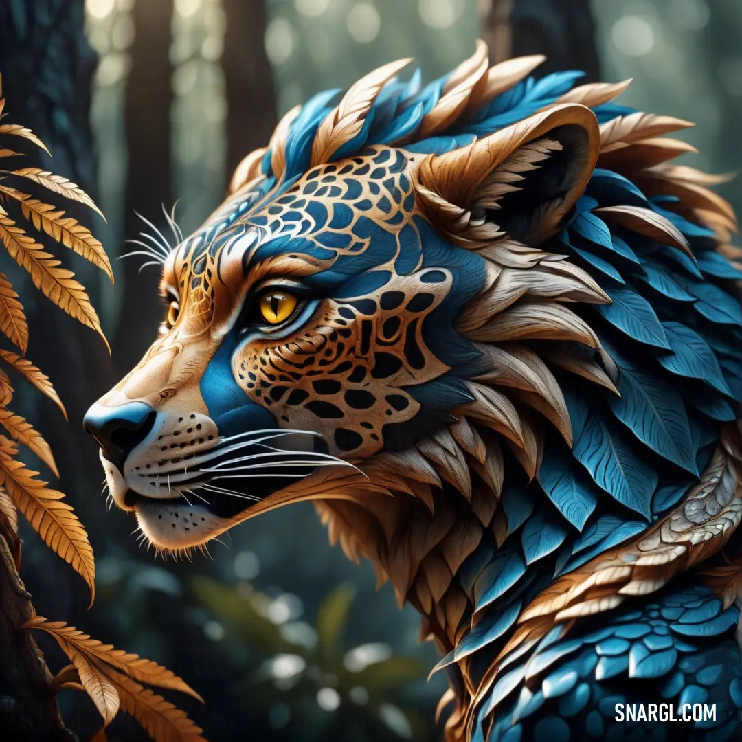 Painting of a tiger with blue and gold feathers on its face and a forest background. Example of RGB 5,54,101 color.