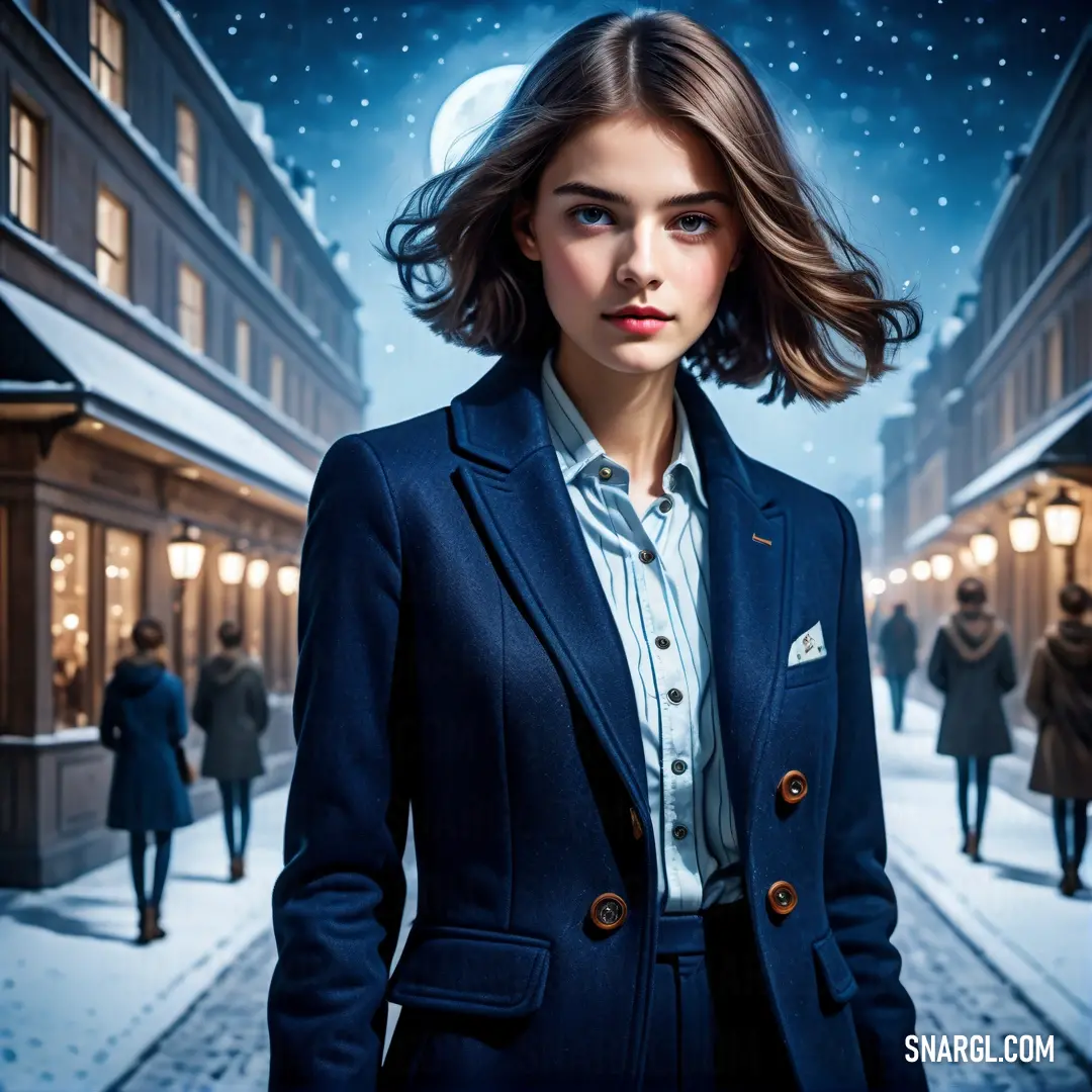 Woman in a suit standing in front of a building with a full moon in the background. Color NCS S 5040-R80B.