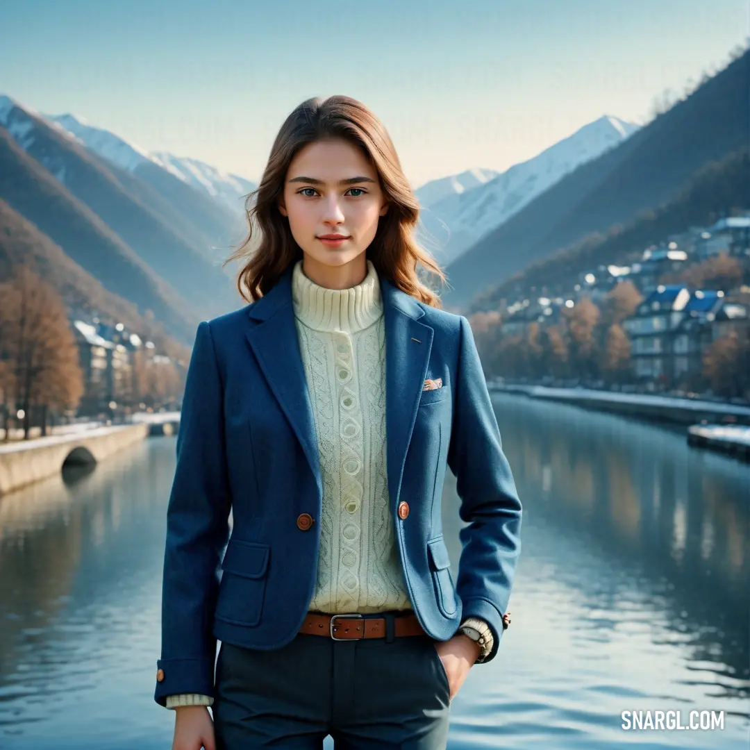 Woman standing in front of a lake wearing a blue jacket and sweater with a mountain range in the background. Example of #053665 color.
