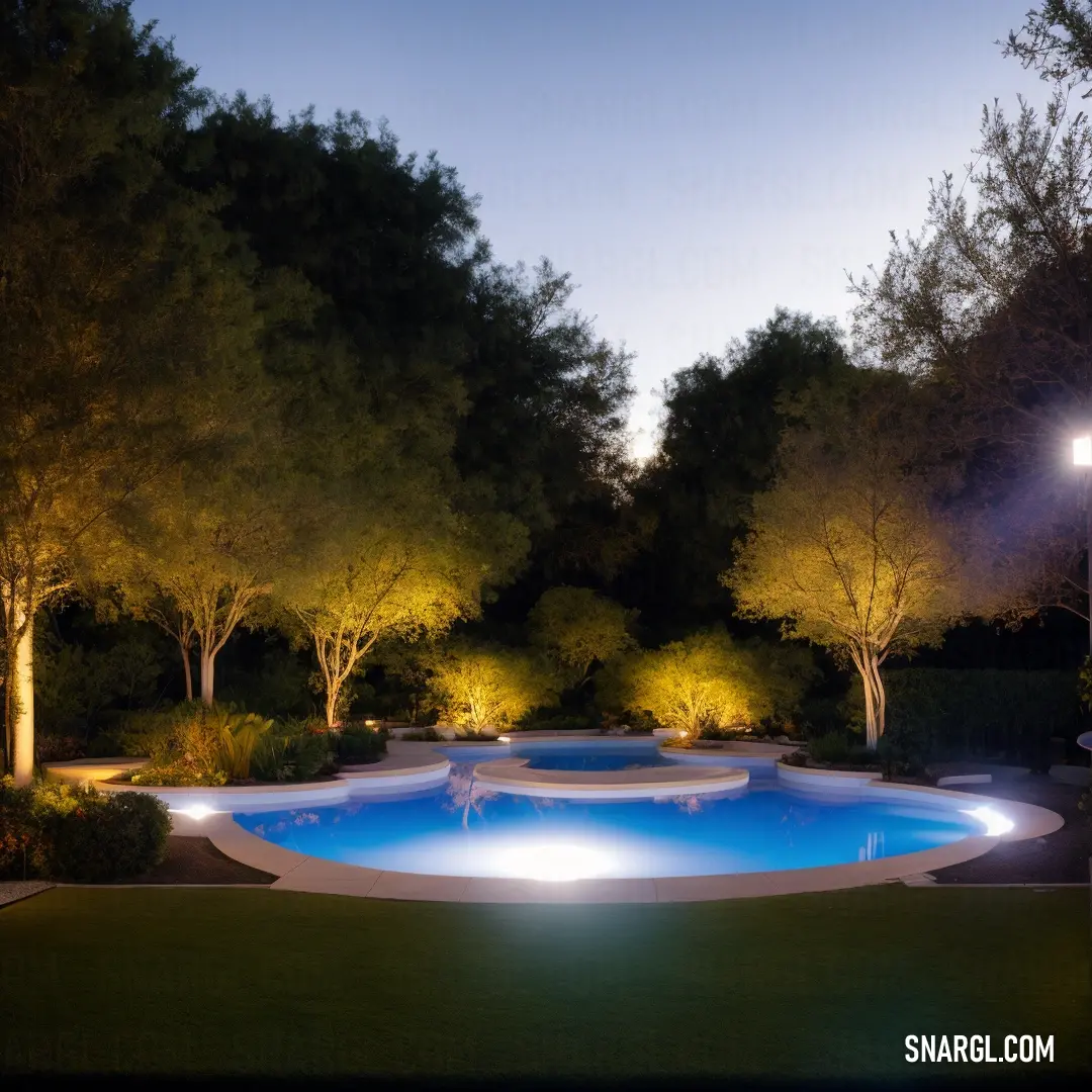 NCS S 5040-Y color. Pool surrounded by trees and lights at night time with a blue sky in the background