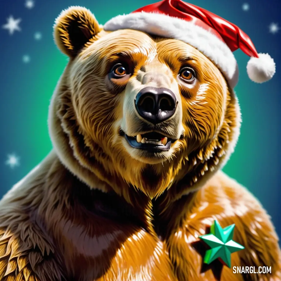 Bear with a santa hat on its head and a star on its chest, with a blue background. Color #714702.