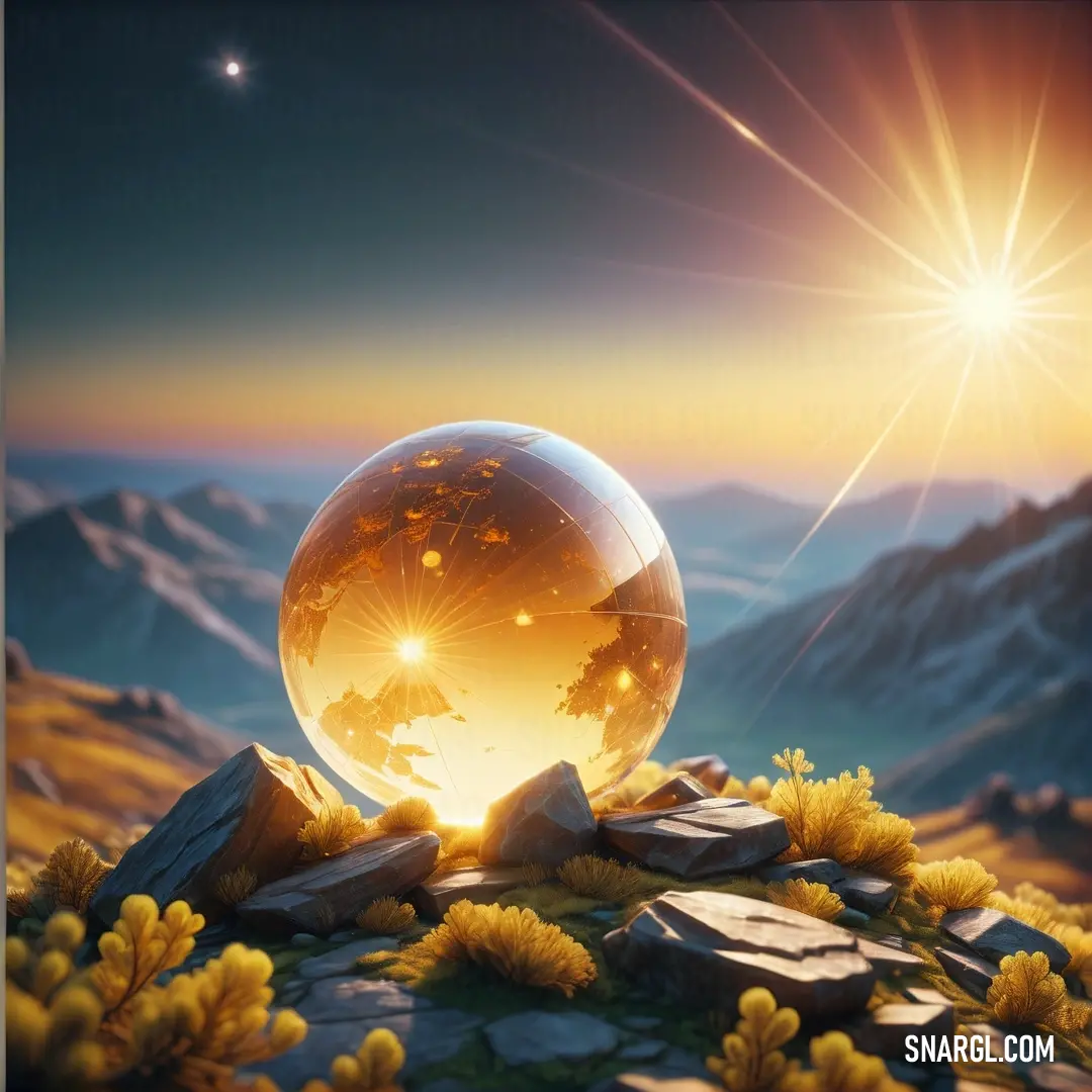 Crystal ball on top of a mountain covered in grass and rocks with the sun shining behind it. Color CMYK 0,43,90,60.