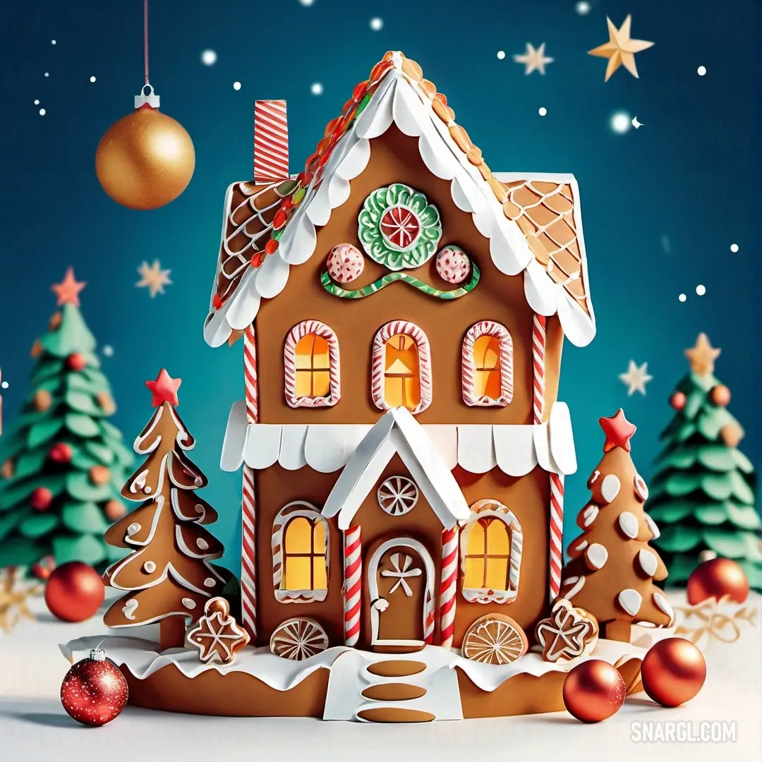 Gingerbread house with a christmas tree and decorations on it's roof and a blue background. Color RGB 123,71,16.
