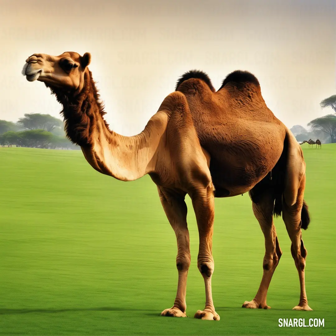 Camel standing in a green field with trees in the background. Color #7A3801.