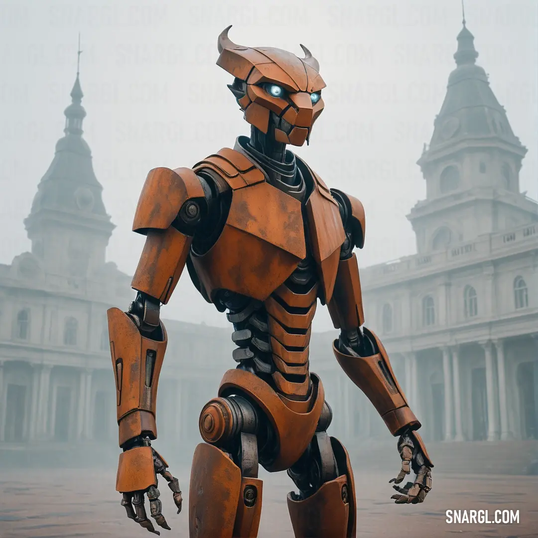 Robot standing in front of a building with a clock tower in the background. Example of RGB 122,56,1 color.