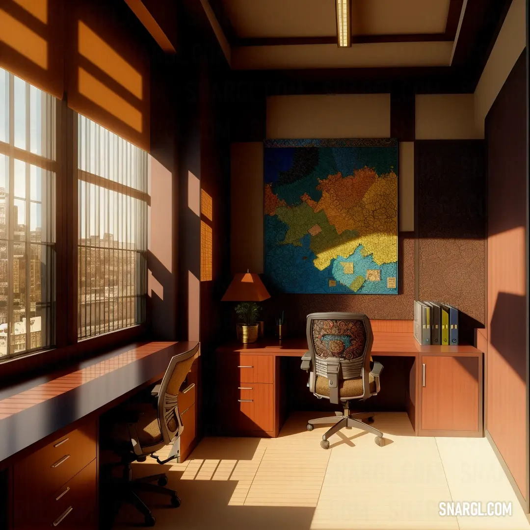 NCS S 5040-Y30R color example: Room with a desk and a chair in it with a painting on the wall behind it and a window