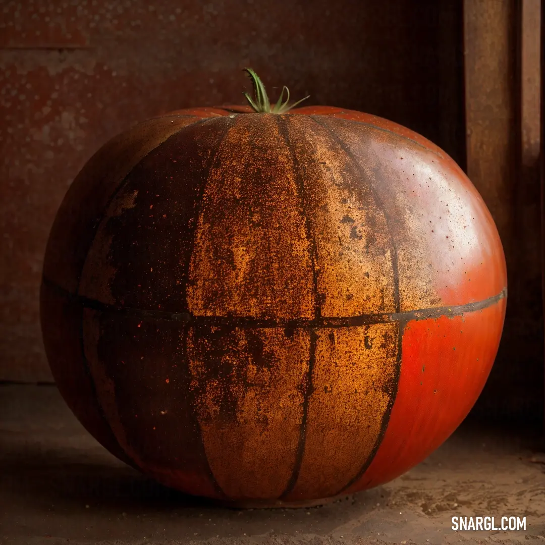 NCS S 5040-Y40R color. Large orange painted pumpkin on a floor next to a window frame and a door frame with a brick wall behind it