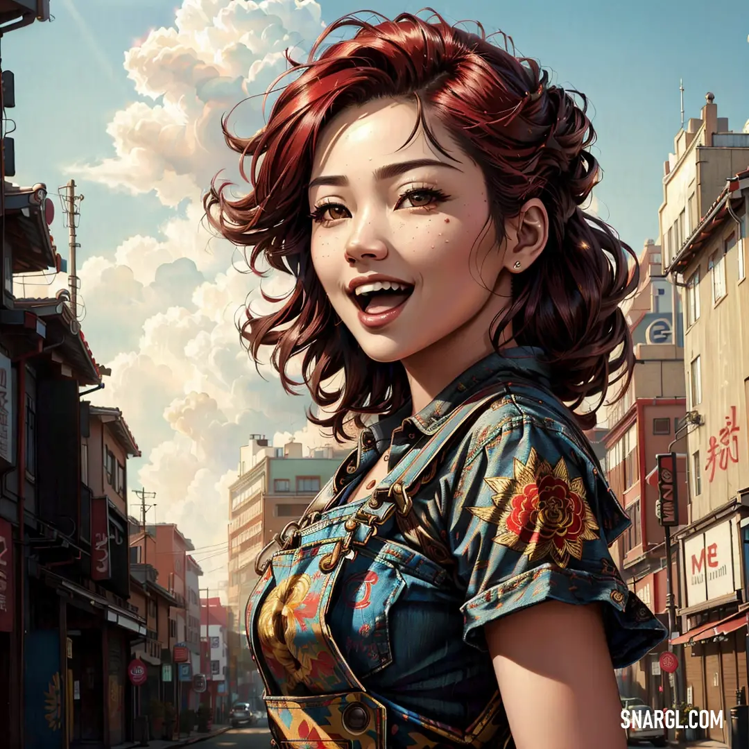Woman with red hair and a blue dress is smiling in a city street with buildings and a cloudy sky. Color #7C2B0A.
