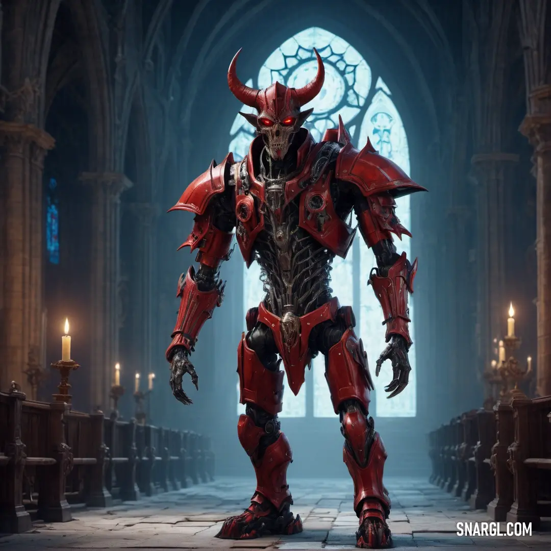 Demonic looking demon standing in a gothic church with a gothic cross in the background. Color NCS S 5040-Y60R.