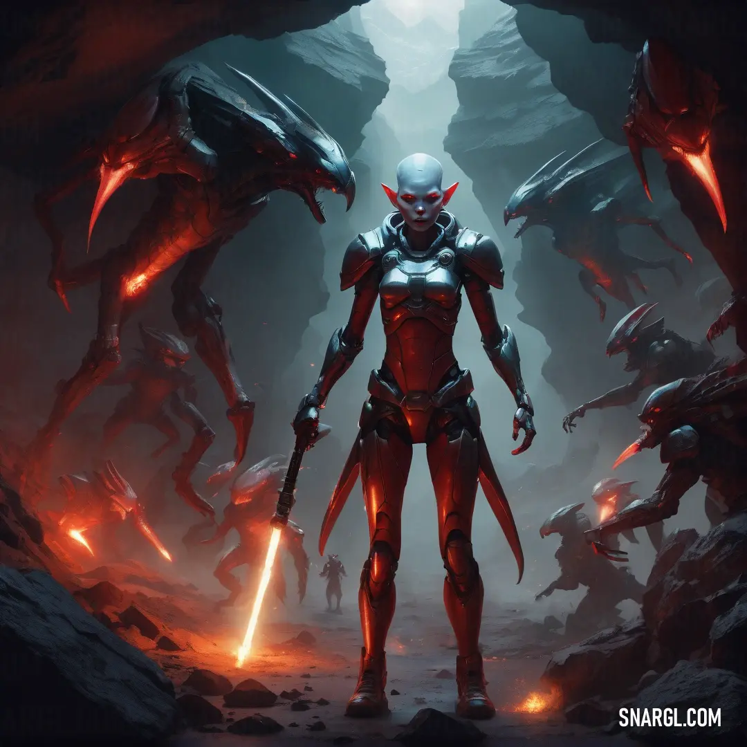 NCS S 5040-Y60R color. Man in a red suit standing in a cave with red lights and alien creatures surrounding him in the background